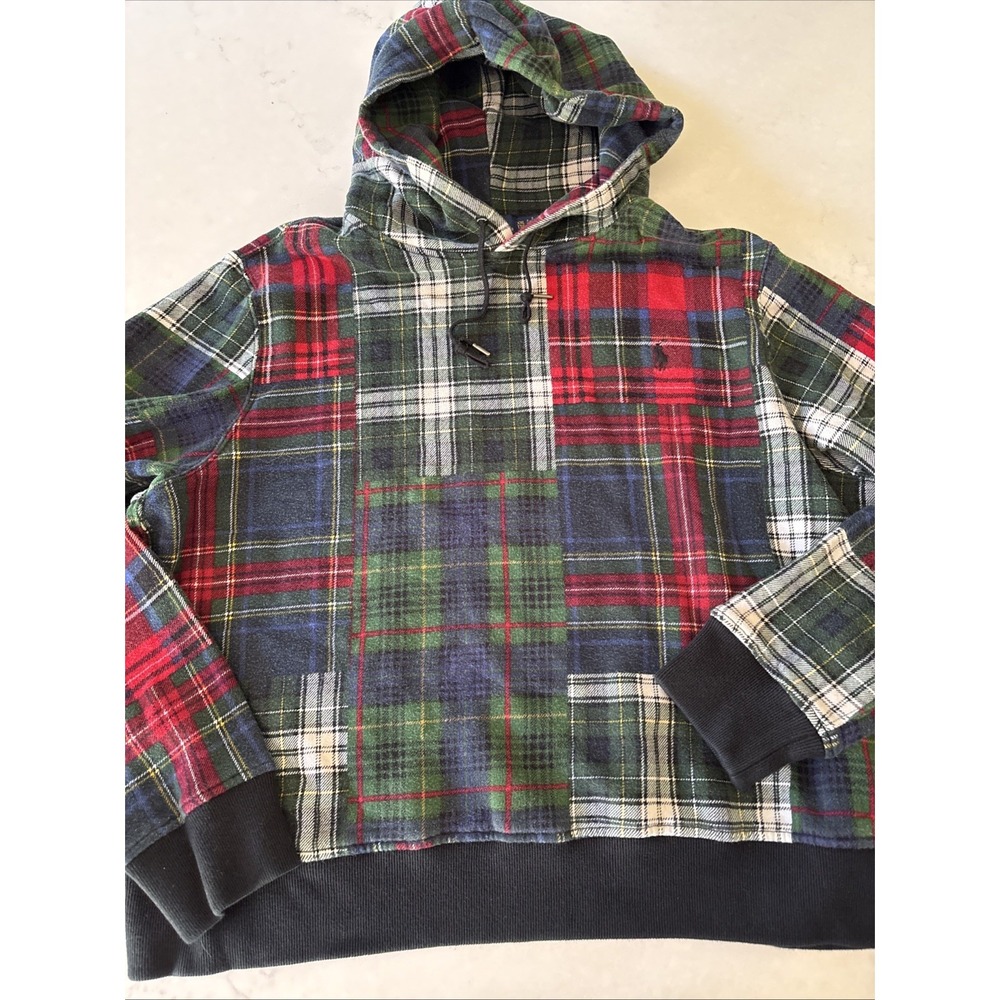 Polo Ralph Lauren Patchwork Tartan Plaid Fleece Hoodie Sweatshirt Mens XL XXL